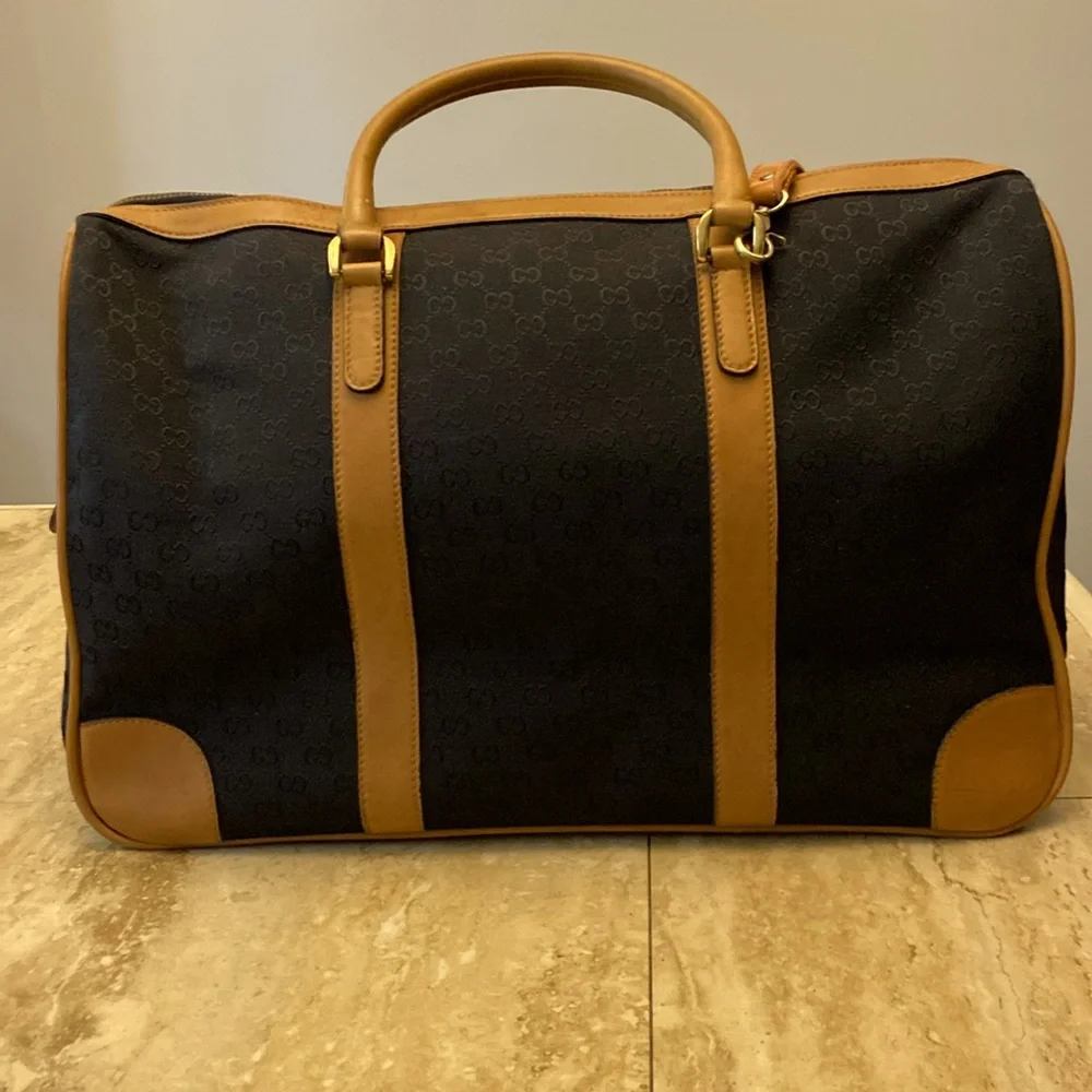 GUCCI GG vintage/rare Logo Canvas Leather Boston Travel/HandBag-Blk/Tan:COA